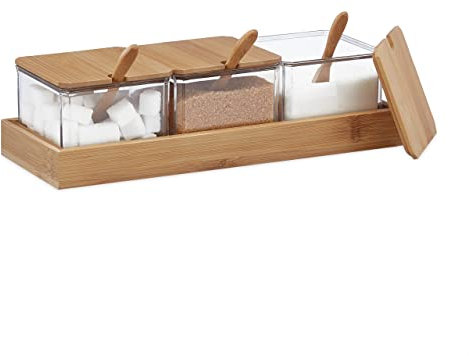 Relaxdays Pots à épices, Lot de 3, bocaux avec cuillère et Couvercle, Plastique, Bambou, Plateau, Cuisine, Transparent