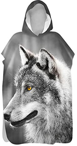 Hiseng Erwachsene Kinder Badeponcho, Wolf Drucken Bademantel Weich Badetuch Mikrofaser Schnelltrocknend Surf Poncho Schwimmen Strand Poncho mit Kapuze (Grauer Wolf,80x145cm)