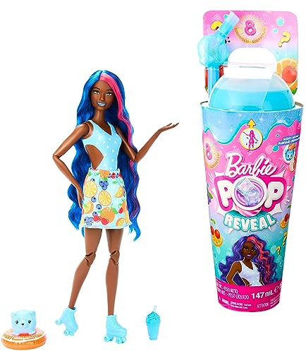 Barbie Pop Reveal Fruit - Puppe mit blauen Haaren im Fruchtpunschduft, 8 Überraschungen, duftendes Squishy-Hündchen, Farbwechsel im Haar und Make-up, für Kinder ab 3 Jahren, HNW42
