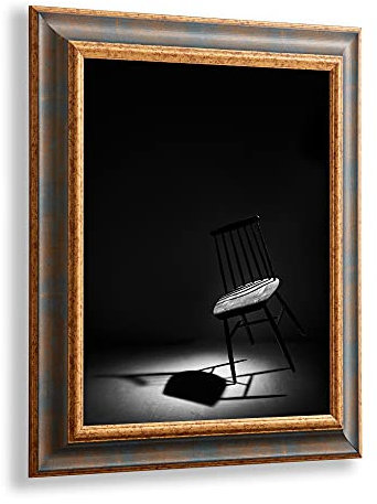 VO design Dekorativer Bilderrahmen Kjell aus Massivholz in 59,4 x 42 cm DIN A2 Blau Gold Dekor im Vintage Stil mit antireflex Kunstglasscheibe
