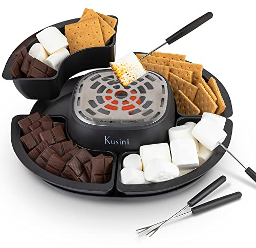 Kusini Smores Maker Tabletop Indoor - Flameless Electric Marshmallow Roaster – 4 Detachable Trays & 4 Roasting Forks – Gift Set & Date Night Idea. Movie Night Supplies & Housewarming Gift