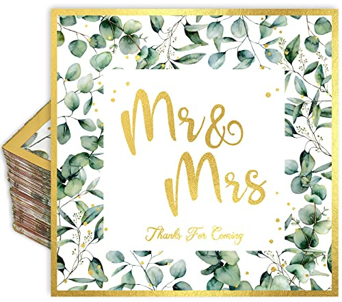 AnyDesign 100 Stück Hochzeit Servietten 16,5 cm grüne Folie Gold Mr & Mrs Luncheon Servietten Eukalyptus Blätter Einweg Dekorative Abendessen Papierservietten für Brautdusche Verlobung Hochzeit Party