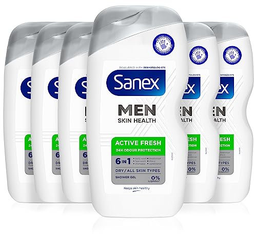 Sanex Men Skin Health Active Fresh Shower Gel 400ml X 6- Dry Skin Body Wash For Men - Controls Body Odour For 24 Hours - Deeply Hydrates - 6-in-1 Benefits - Dermatologically Tested - 0% Sulphates*