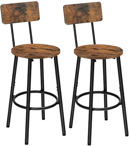 HOOBRO Barhocker 2er-Set mit Rückenlehne, Barstuhl, Küchenstuhl mit Fußstütze, für Küche, Wohnzimmer, Bar, Vintagebraun und Schwarz EBF32BY01G2