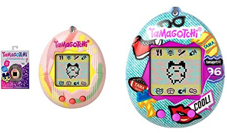 TAMAGOTCHI Original Bandai Tamagotchi Art Style Shell with Chain & Bandai Tamagotchi Original Denim Patches Shell | Tamagotchi Original Cyber Pet 90s Adults And Kids Toy With Chain Ages 8+