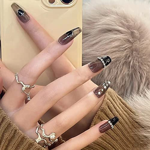 Nägel Zum Aufkleben, Handgefertigt Press on Nails Lange Sarg Gelnägel, Luxus Wiederverwendbar Kunstnägel Schwarz mit Schmetterling Dekoration für Mädchen Frauen und Braut,10st Nägel Selber Machen Satz