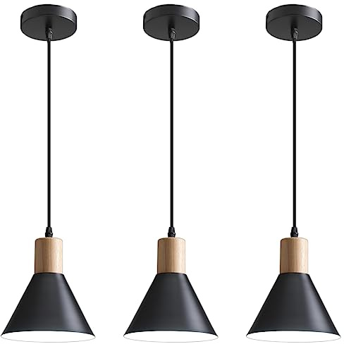 Pendant Lights, 3 Pack Solid Wood Ceiling Hanging Lamp, Modern Matte Black Pendant Lighting for Kitchen Over Island Dining Living Room Bedroom