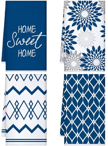 Kajaia 4 Pcs Blue Kitchen Towels Floral Dish Cloths Geometric Tea Towel Boho Decorative Hand Towels Absorbent Plaid Dishcloths Nautical Kitchen Accessories for Home Decor Bathroom Housewarming Gifts