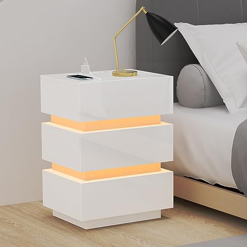 Rcynview Hochglanz Nachttisch mit 3 Schubladen Nachtschrank Holz Nachttische Beistelltisch Organizer Einheit Sofatisch Weiß Nachtkästchen für Schlafzimmer Wohnzimmer, 45x35x62cm