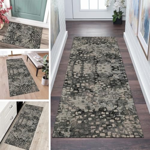 QQrunner Läufer Flur Küche Teppich rutschfest 50x250CM Küchenteppich Abstrakt Vintage Grau Beige Waschbar Meterware Schlafzimmer Korridor Teppichläufer Lang, Länge Anpassbare, 40-120cm Breit