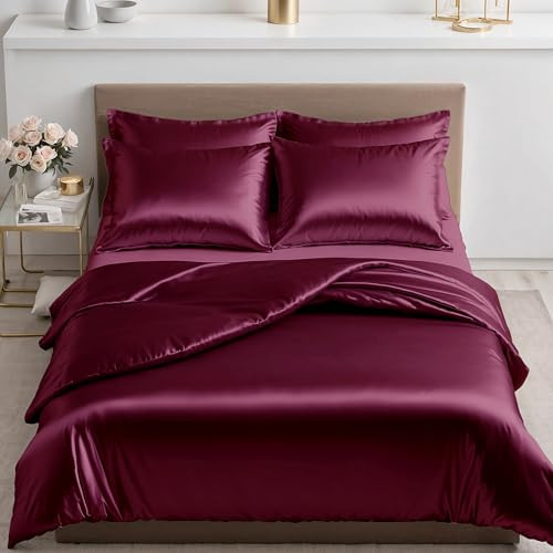 Cozyor Satin Bettwäsche 135x200 extra dick und weich mit robustem Reißverschluss Kissenbezug 40x80 cm, edles Satin 2-teilig, Bordeaux Berry