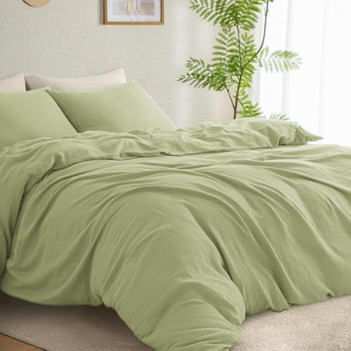 Gezu Muslin Bettwäsche 135x200 Grün100% Baumwolle Muslin Bettwäsche-Sets Leinen Set Bettbezug mit 1 Kissenbezüge 80x80cm Sehr Atmungsaktiv Bequem Bettwäsche Lakritzgrün Einzelbett Einzelbett
