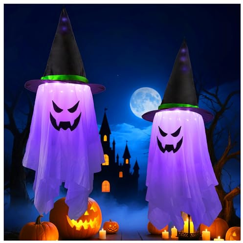 Woukksy Halloween Deko Geist mit Hexenhut, 2er-Set 1m Hängende leuchtende Geister mit Lila LED-Lichterkette, Halloween Beleuchtung für Außen und Innen, Halloween Deko für Garten, Party & Terrassen