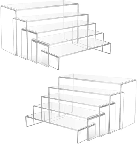 Wealrotn 10 PCS Clear Acrylic Display Risers, Tiered U-Shaped Display Stand | U-shaped risers span 7.1-10.2 in long and 1.6-4.7 in high for figures, perfume, desserts, cosmetics and retail counters