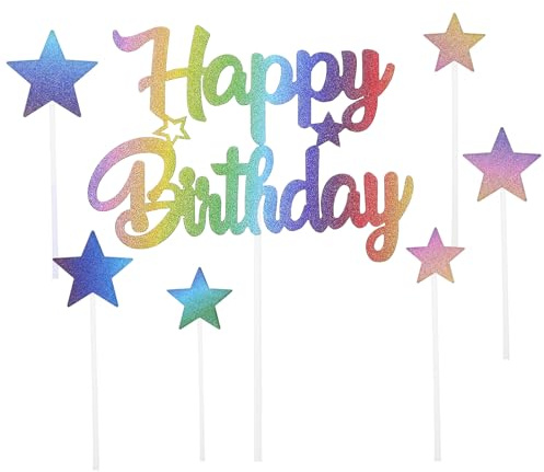 7 Pcs Glitter Happy Birthday Cake Toppers, Gold Glitter Star Cake Topper Birthday Party Decoration Supplies Happy Birthday Cake Bunting Decor Colorful Photo Booth Props for Anniversary Birthday Party