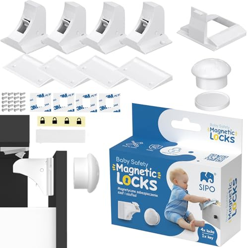 SIPO Magnetische Baby‑Sicherung für Schränke & Schubladen – 4 Unsichtbare Schlösser + 1 Schlüssel, selbstklebendes System ohne Bohren