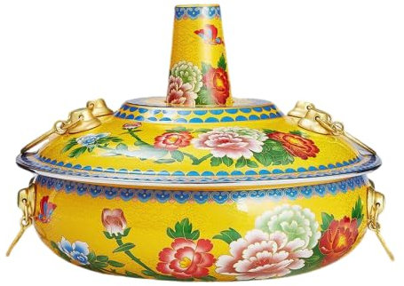 NIBHZ Chafing Dishes Single Person Small Hot Pot Cloisonne Copper Hot Pot, Commercial Household Cooking Pot, Anti Scalding Handle,Yellow,34cm