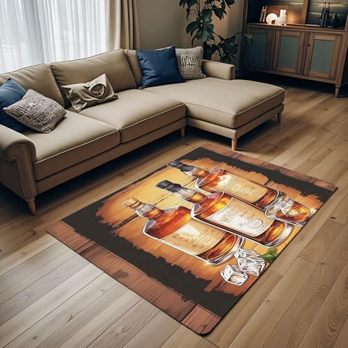 Whiskey Area Rug 3'x5',Bar Beer Glass Non Slip Carpet for Kids Girls Adults,Vintage Brown Black Decor Rug for Living Room Bedroom Playroom Backyard