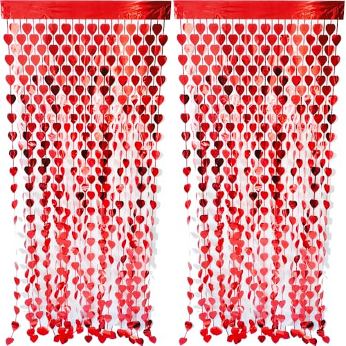CYBERNOVA 2 Pack Cortina de Flecos de Fondo, 1x2M en Forma de corazón metálico oropel Flecos serpentinas Cortinas de Fondo para cumpleaños graduación Fiesta decoración (Rojo)
