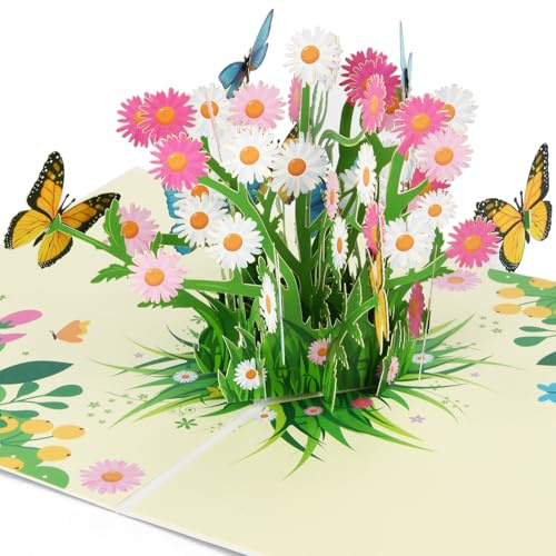 OFFCUP Biglietto Farfalla Pop-Up, Biglietto Pop-Up con Farfalle Sui Margherite, Biglietto Regalo 3D per un Compleanno, Popup Biglietto di Auguri, Biglietto di Auguri Fiore con Busta per Amiche, Madri