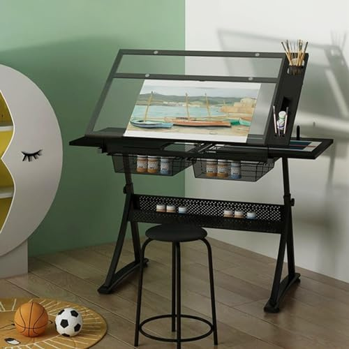 Scherenhubtisch Elektrisch Hubtisch, Zeichentisch, Hocker-Set, Staffelei-Schreibtisch für Kunsthandwerk, 0°~50° Neigung und 5,9 höhenverstellbar, mit Platte aus gehärtetem Glas, Ablage und