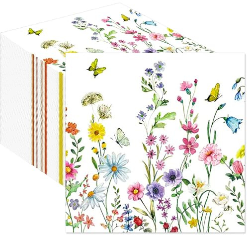 100 Stück Servietten Geburtstag,Papierservietten mit Blumen für Hochzeiten Feiern Babypartys,Party Dekoration,Servietten stoffähnlich,Einwegservietten Wildblumen