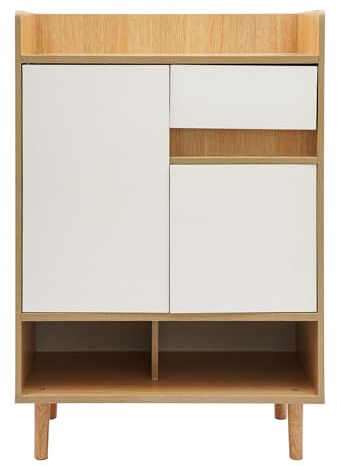 WooDerson Zapatero con puertas, zapatero independiente con cajón, pie zapatero para pasillo, salón, dormitorio, 60 x 32 x 90 cm (madera de cerezo color y blanco)