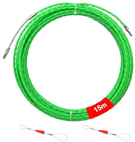 Guia Pasacables 15 m, φ 4 mm Enhebrador de Alambre Electrico, Cable Puller con Muelle de Guía, para Tubería Conducto de Cable Pared, Obras de Telecomunicaciones, la Colocación de Cables, Verde