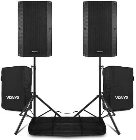 VONYX VSA15BT Bluetooth Active DJ Speaker System - 2x 15-Inch 2000W Powered PA Speakers with Adjustable Tripod Stands, Carry Bag & Protective Covers