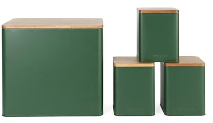Juego de Mostrador Salter Toronto de 4 Piezas – Contenedor para Pan, Latas para Té, Azúcar y Café, Recipientes de Almacenamiento, Acabado con Recubrimiento en Polvo, Tapas de Madera de Acacia, Verde