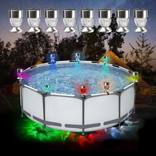 BigKing Luce Solare per Piscina, 8 Pezzi, Luci per Piscina Incorniciate, Luci Solari RGB Colorate per Piscine Fuori Terra, Impermeabili, Luci Notturne, Decorazione