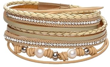 HUIANGLIYG Leder Wickelarmband Für Frauen Süßwasserperle Stapelbare Lederarmreifen Mit Strass Handgefertigte Armbänder Schmuck Boho Geschenk Für Frauen