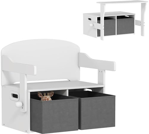 AIYAPLAY Coffre à jouet enfant 3 en 1, ensemble table et chaises avec 2 bacs en tissu amovibles, coffre de rangement convertible pour jouets pour salon, salle de jeux, chambre, blanc