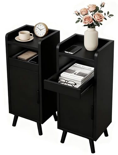 Nachttisch Schmal, Nachttisch 2er Set Schwarz, Kleiner Nachtschrank Holz mit Tür, Beistelltisch mit Ausziehbare Tablett, Nachttischen mit Metallgriff für Schlafzimmer, Wohnzimmer (2, Schwarz)
