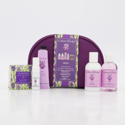 Crabtree & Evelyn Iris - Set da viaggio per la cura personale, 5 pezzi, con gel bagno, lozione per il corpo, crema per le mani, nebbia per il corpo, sapone e borsa cosmetica