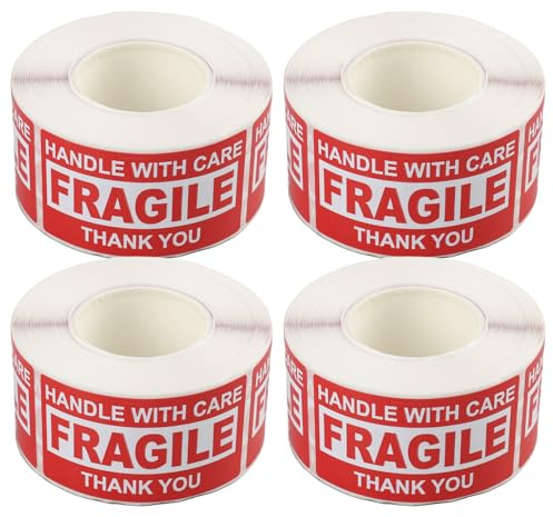 4PCS 1000 Zerbrechliche Aufkleber, Fragile Aufkleber, Achtung Glas Bruchgefahr, Handle With Care Fragile Umzugskartons, 25 x 45 mm, Witterungsbeständig, Starker Kleber