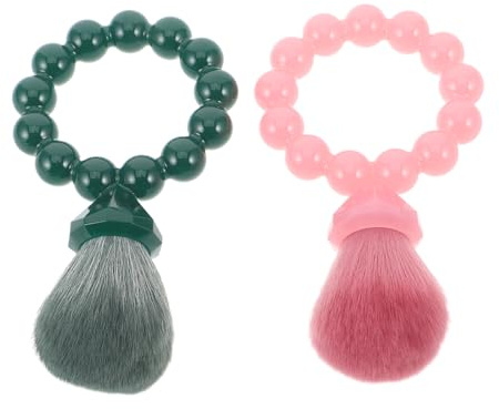 LOLIPPYY 2 St Puderborste med Pärlhår Bärbar Sminkborste med Ringformat Handtag Non-shedding Finishborste för Puder Resor och Nybörjare i Mörkgrönt och Rosa