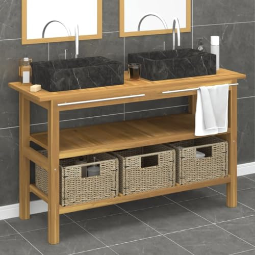 Caltucah Waschtisch mit schwarzem Marmorbecken aus massivem Teakholz, Doppelwaschbecken mit 3 Seegras Körben, 132 x 45 x 75 cm, Stauraum für Badezimmer und Waschraum