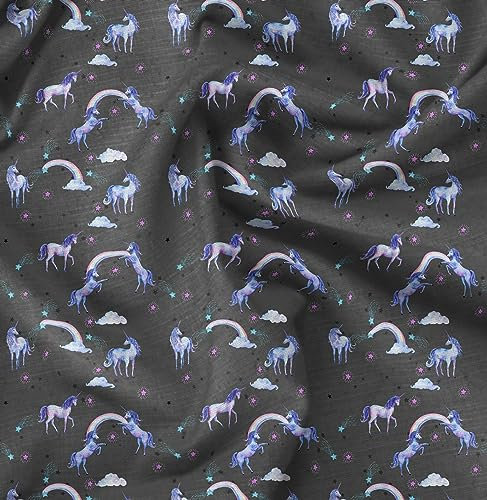 Soimoi Grau Baumwolljersey Stoff Einhorn & Regenbogen Natur Stoff Meterware 58 Zoll breit