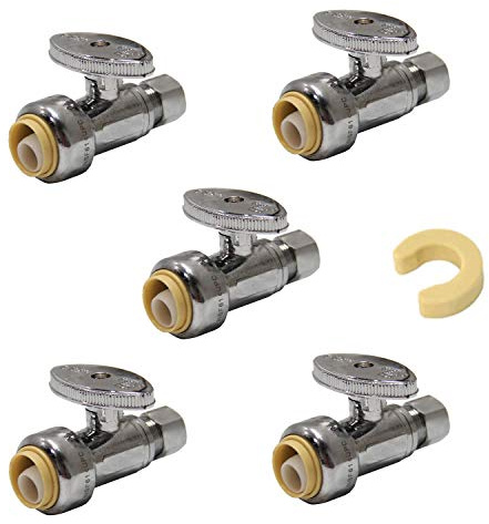 (Pack of 5) EFIELD Push Fit 1/4 Turn Straight Stop Valve Water Shut Off 1/2 Push x 3/8 Inch Compression with Dismount Clip Tool,(PF-UNI001-5PCS)