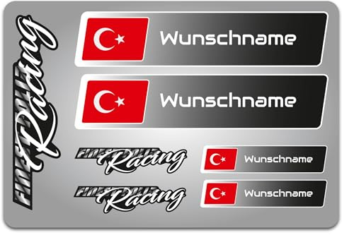 4er Set Aufkleber mit Fahne Flagge und wahlweise Name Sticker für Auto Fahrrad Motorrad Roller Helm im Rallye Racing Design R156 (30 Türkei, Mit Wunschname)