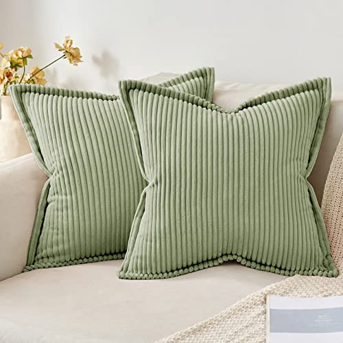 MIULEE Kordsamt Kissenbezug Weiche Kissenhülle Dekorative Sofakissen Quadratische Dekokissen Moderne Zierkissenbezug Gestreifte Kissenbezüge für Wohnzimmer Schlafzimmer 2 Stück 45x45 cm, Bohnengrün