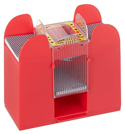 Relaxdays Kartenmischmaschine, 6 Decks, elektrische Mischmaschine für Karten bis 91 mm, Kunststoff, Kartenmischer, rot