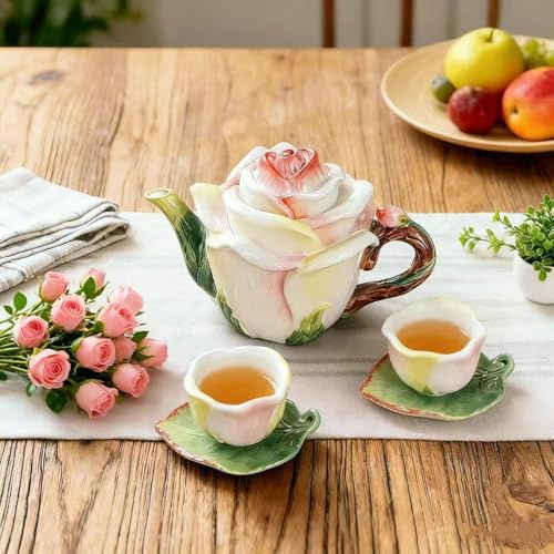 Minigift Ceramic Mini Rose Tea Pot Set, 3D Hand-painted Flower Cup and Leaves Saucer, Set of 5
