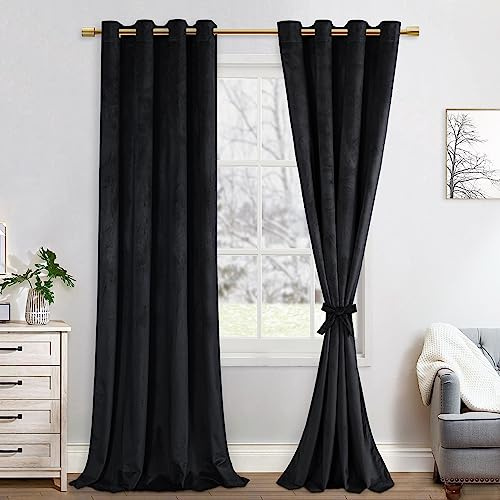 JIUZHEN Samt Vorhang Wohnzimmer Samtvorhang Gardinen Verdunklungsvorhänge | 2er Set mit Ösen für Schlafzimmer,140x260cm (Breite x Höhe),Schwarz