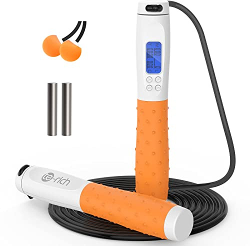 Te-Rich Skipping Rope Adult Fitness, Digital Speed Jump Rope with Counter [Ropeless for Indoor Use] for Women Men and Kids, Weighted Handles, Adjustable Rope, Exercise Equipment for Crossfit Boxing