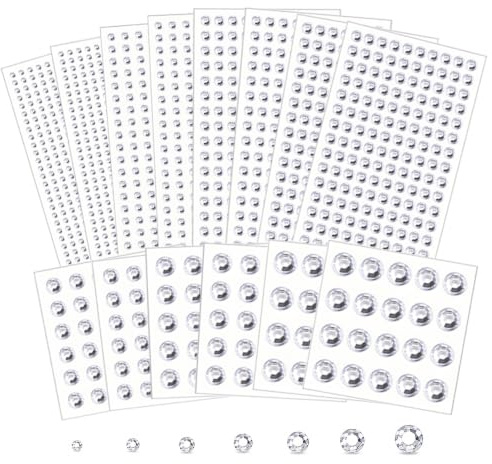 2102 Stück Gesichts-Edelsteine zum Aufkleben, selbstklebende Haar-Juwelen, Gesicht, Strasssteine, Aufkleber, Bling-Juwelen für Gesicht, Haare, Nägel, Make-up, Kleidung, Schuhe, Taschen, DIY, Handwerk | Weiß, 7 Größen 14 Blatt, Acryl Bling Strass Abziehbilder, für Gesicht, Haare, Nägel, Make-up und DIY Handwerk