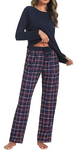 Uniexcosm Pigiama Donna, Pigiama a Quadri Donna Lungo Pigiama da Donna Cotone Leggero con Girocollo Pigiama 2 Pezzi Donna con Tasca Sciolto Accogliente per Casa e Casuale Pat S