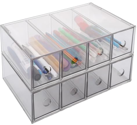 MUHXEL 2 Stück Acryl Stifte Organizer mit 8 Schubladen, Clear Office Organizer Schublade für Schreibtisch, Kunststoff organizer schreibtisch - 27 x 17 x 14cm