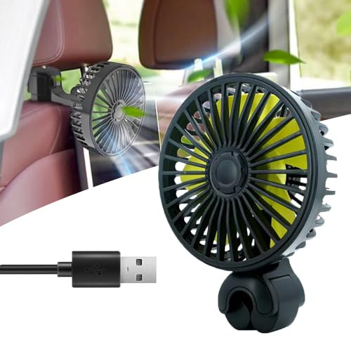 Ventilador de coche, 12 V, USB, silencioso, ventilador de refrigeración para coche, 3 marchas, ajustable, ventilador para asiento trasero, ventilador de coche giratorio 360°, para coche, mini